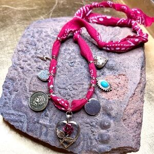 Bohemian Western Red Bandana Charm Necklace with Rustic Look